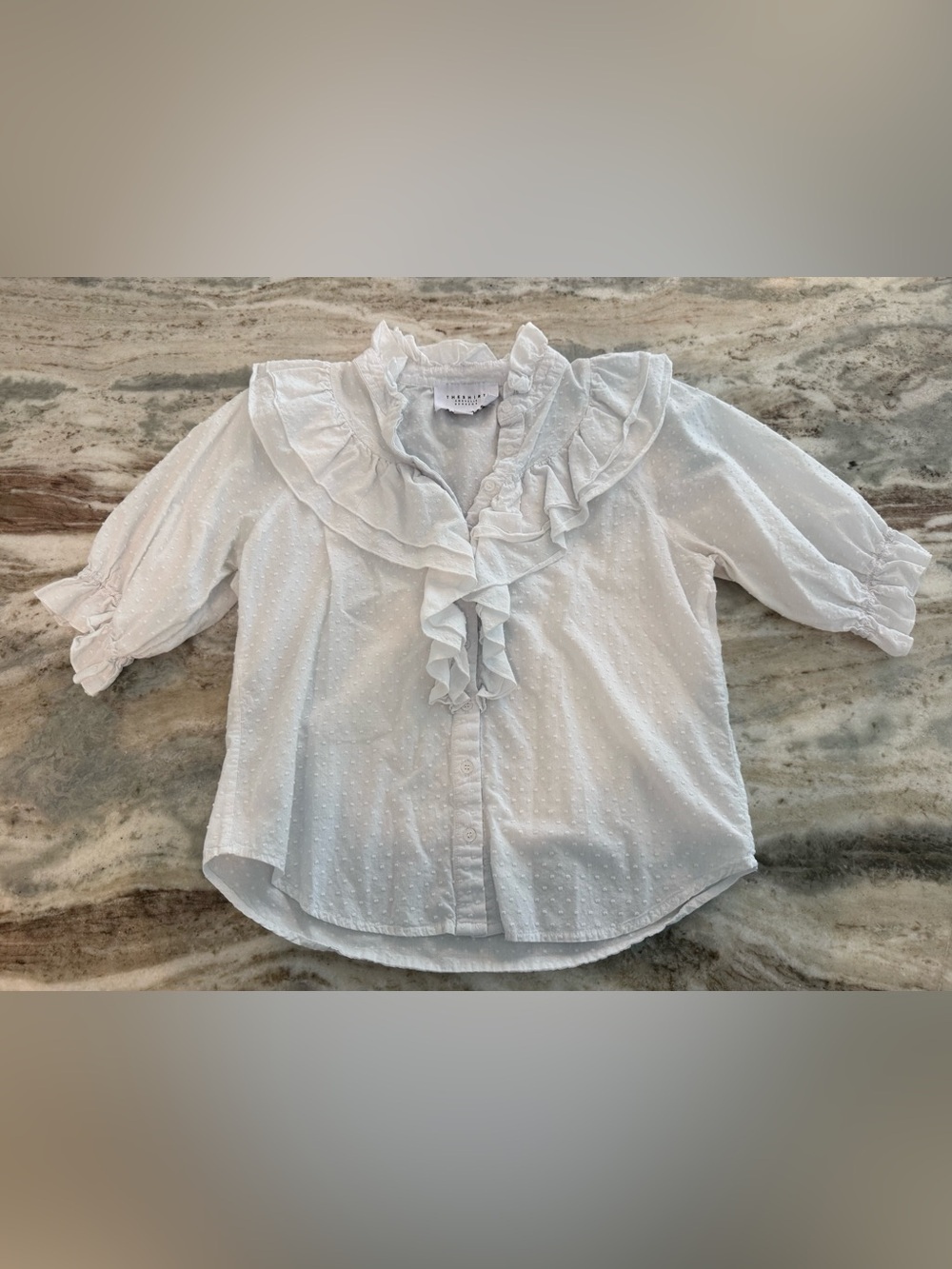 The Shirt by Rochelle Behrens White Dot Ruffle Button Down Blouse Medium